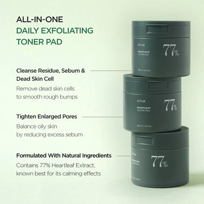 Heartleaf 77 Clear Pad – Dischete Toner Exfoliante cu Apă de Heartleaf